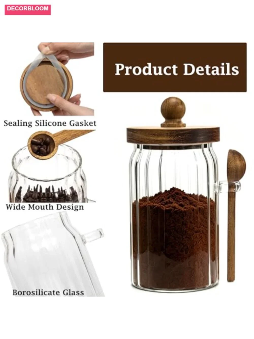 Vintage Glass Jar with Wooden Spoon Lid, 26 oz Airtight Coffee Storage